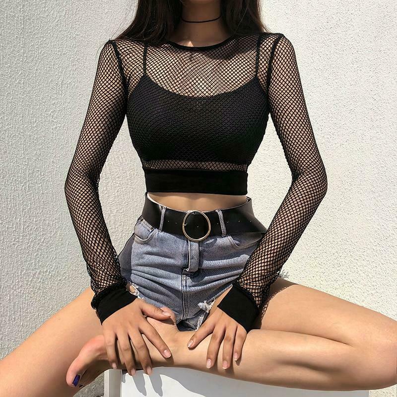 Y2K Aesthetic Black Mesh Long Sleeve Top - Coquette Style Grunge Fashion for Women Y2K Aesthetic Black Mesh Long Sleeve Top - Coquette Style Grunge Fashion for Women