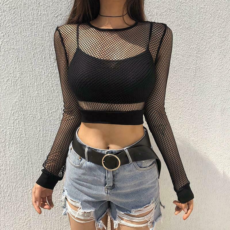 Y2K Aesthetic Black Mesh Long Sleeve Top - Coquette Style Grunge Fashion for Women Y2K Aesthetic Black Mesh Long Sleeve Top - Coquette Style Grunge Fashion for Women