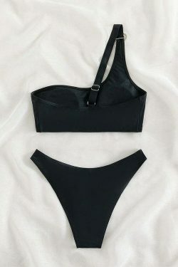Y2K Aesthetic Black One-Shoulder Split Bikini - Coquette Style for Niche Women Fashion