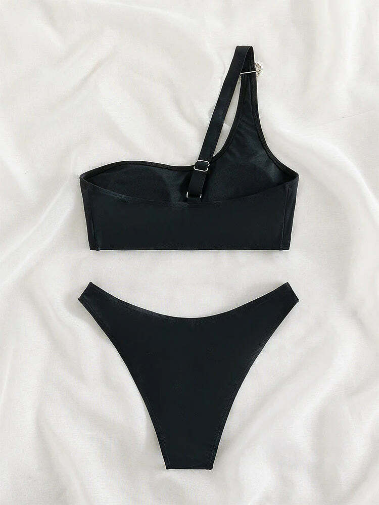 Y2K Aesthetic Black One-Shoulder Split Bikini - Coquette Style for Niche Women Fashion