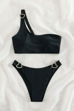 Y2K Aesthetic Black One-Shoulder Split Bikini - Coquette Style for Niche Women Fashion