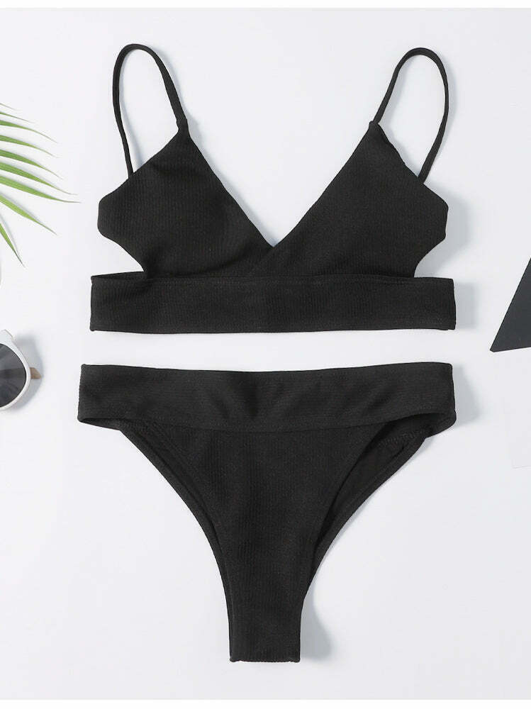 Y2K Aesthetic Black Padded Bikini Set: Coquette Style Thong Bottoms & Cute Tops for Women Y2K Aesthetic Black Padded Bikini Set: Coquette Style Thong Bottoms & Cute Tops for Women
