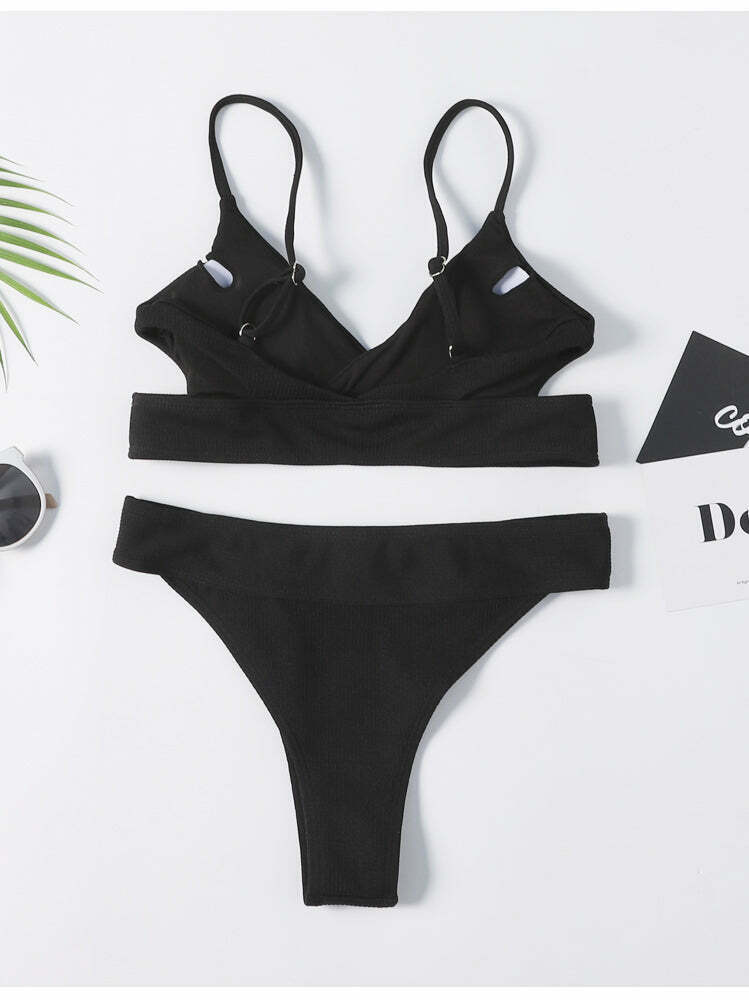Y2K Aesthetic Black Padded Bikini Set: Coquette Style Thong Bottoms & Cute Tops for Women Y2K Aesthetic Black Padded Bikini Set: Coquette Style Thong Bottoms & Cute Tops for Women