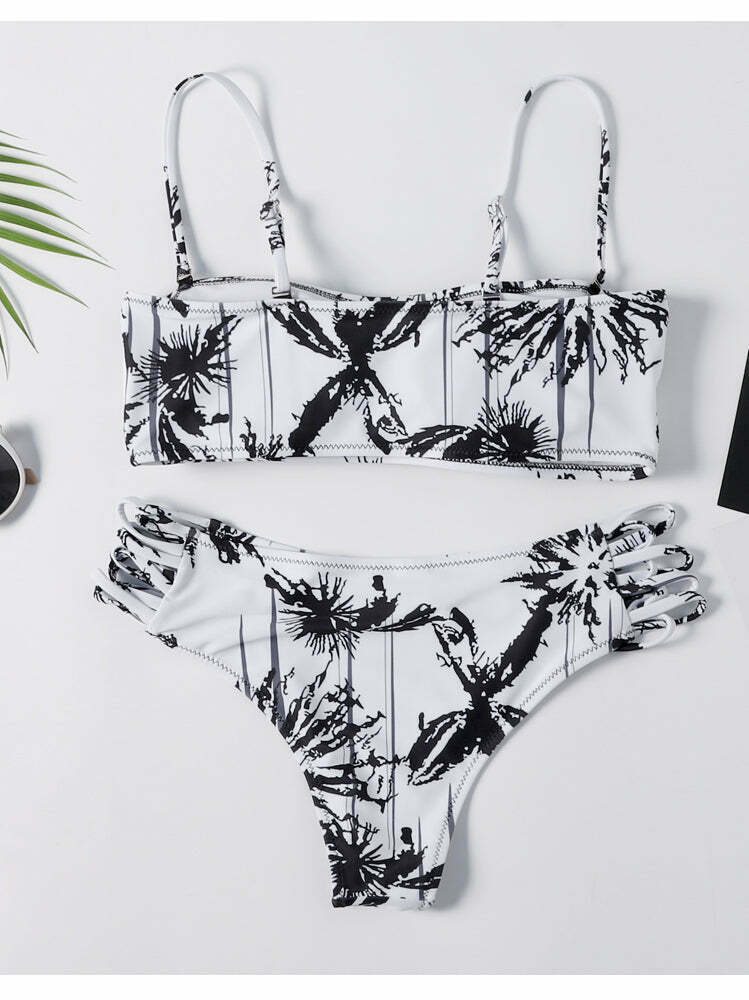 Y2K Aesthetic Black Printed Thong Bikini Set for Niche Women Fashion