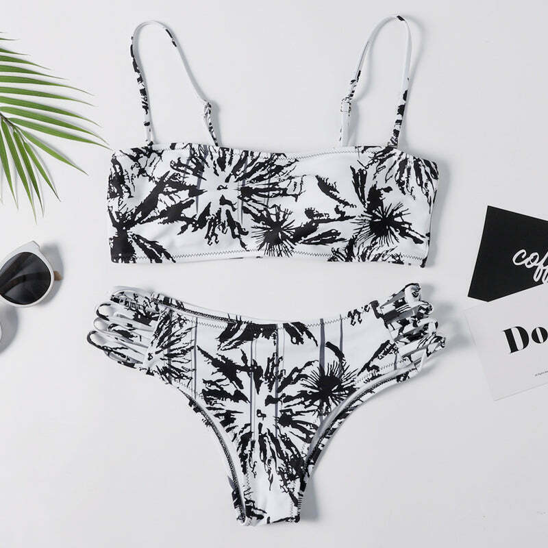Y2K Aesthetic Black Printed Thong Bikini Set for Niche Women Fashion
