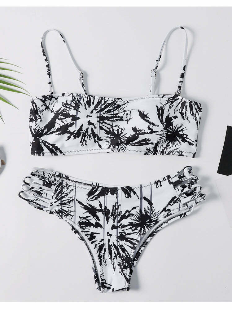 Y2K Aesthetic Black Printed Thong Bikini Set for Niche Women Fashion