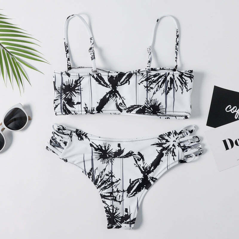 Y2K Aesthetic Black Printed Thong Bikini Set for Niche Women Fashion