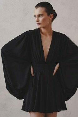 Y2K Aesthetic Black Puff Sleeve V-Neck Short Dress - Coquette & Grunge Style Women's Fashion