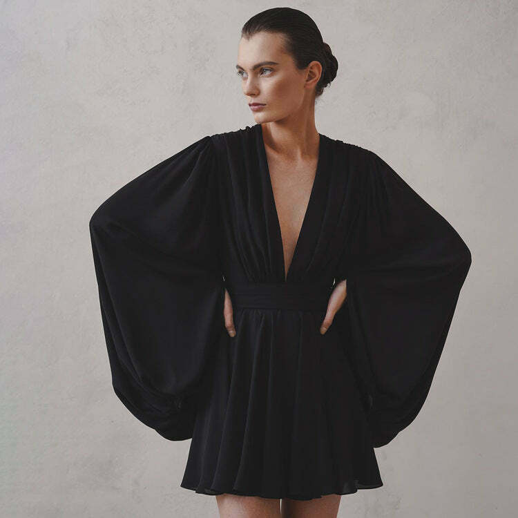 Y2K Aesthetic Black Puff Sleeve V-Neck Short Dress - Coquette & Grunge Style Women's Fashion