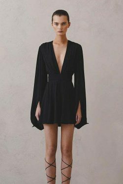 Y2K Aesthetic Black Puff Sleeve V-Neck Short Dress - Coquette & Grunge Style Women's Fashion