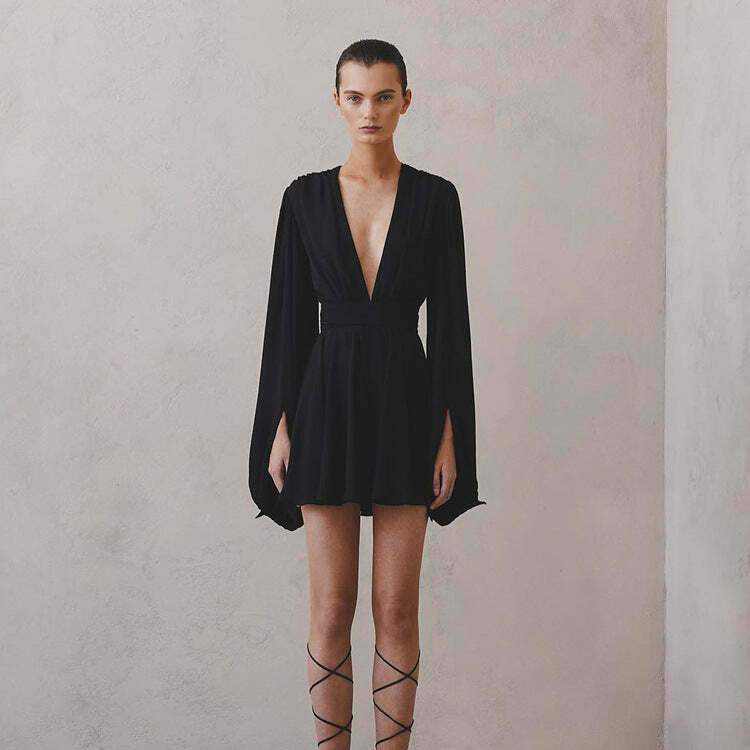 Y2K Aesthetic Black Puff Sleeve V-Neck Short Dress - Coquette & Grunge Style Women's Fashion