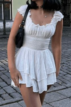 Y2K Aesthetic Black Smocked Tiered Rompers - Coquette Style Grunge Fashion Cute Tops & Cargo Skirt