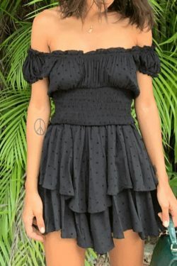 Y2K Aesthetic Black Smocked Tiered Rompers - Coquette Style Grunge Fashion Cute Tops & Cargo Skirt