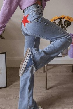 Y2K Aesthetic Black Star Patchwork Jeans - Coquette Style Grunge Fashion Women's Clothing