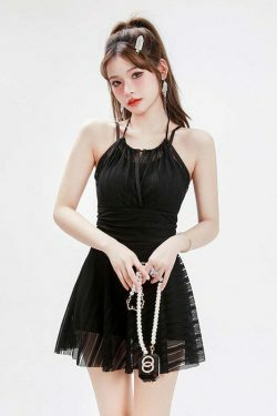 Y2K Aesthetic Black Strappy Lace Swim Dress for Niche Women Fashion