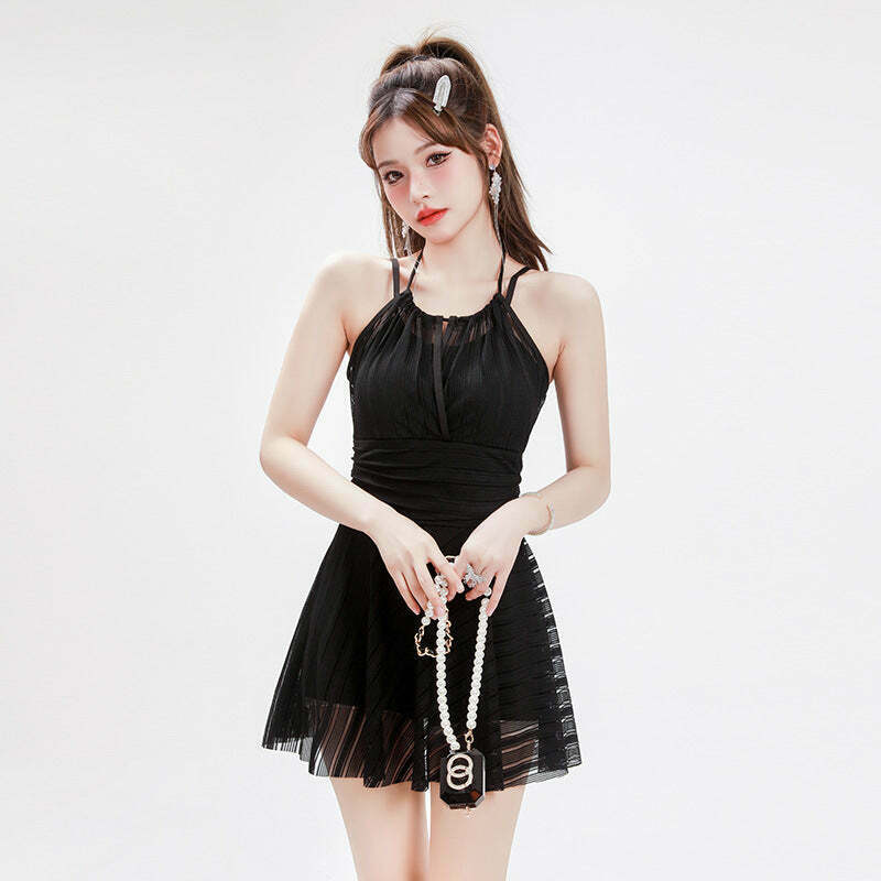 Y2K Aesthetic Black Strappy Lace Swim Dress for Niche Women Fashion Y2K Aesthetic Black Strappy Lace Swim Dress for Niche Women Fashion