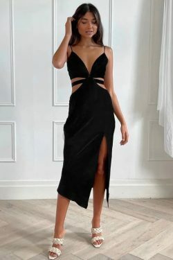 Y2K Aesthetic Blackout Split Dress - Coquette Style for Women's Fashion