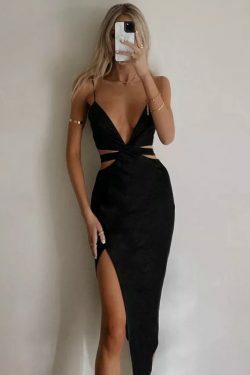 Y2K Aesthetic Blackout Split Dress - Coquette Style for Women's Fashion