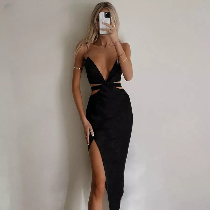 Y2K Aesthetic Blackout Split Dress - Coquette Style for Women's Fashion Y2K Aesthetic Blackout Split Dress - Coquette Style for Women's Fashion