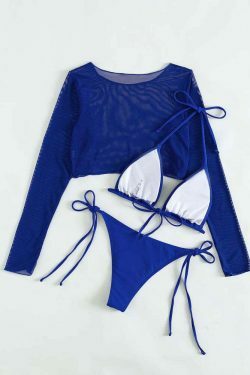 Y2K Aesthetic Blue Long-Sleeve Swimsuit Set for Women - Coquette Style Three-Piece Outfit