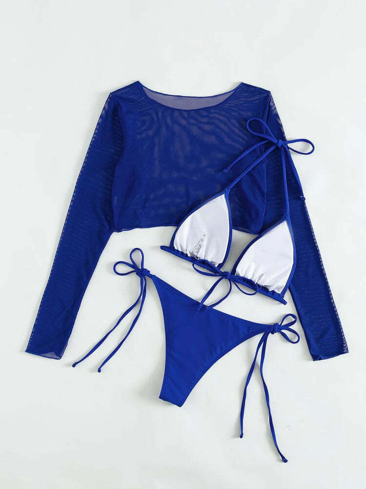 Y2K Aesthetic Blue Long-Sleeve Swimsuit Set for Women - Coquette Style Three-Piece Outfit Y2K Aesthetic Blue Long-Sleeve Swimsuit Set for Women - Coquette Style Three-Piece Outfit