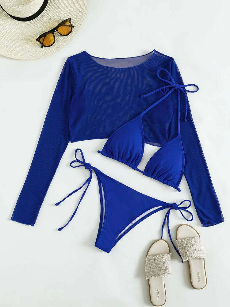 Y2K Aesthetic Blue Long-Sleeve Swimsuit Set for Women - Coquette Style Three-Piece Outfit Y2K Aesthetic Blue Long-Sleeve Swimsuit Set for Women - Coquette Style Three-Piece Outfit