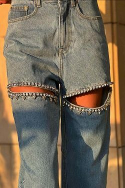 Y2K Aesthetic Blue Ripped Straight-Leg Jeans - Coquette & Grunge Fashion Statement