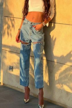 Y2K Aesthetic Blue Ripped Straight-Leg Jeans - Coquette & Grunge Fashion Statement