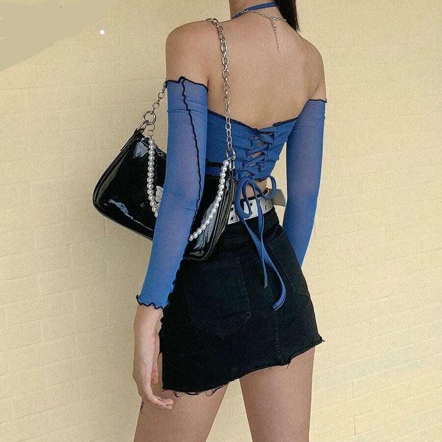 Y2K Aesthetic Blue Summer Crop Top - Coquette Style Grunge Fashion for Women Y2K Aesthetic Blue Summer Crop Top - Coquette Style Grunge Fashion for Women