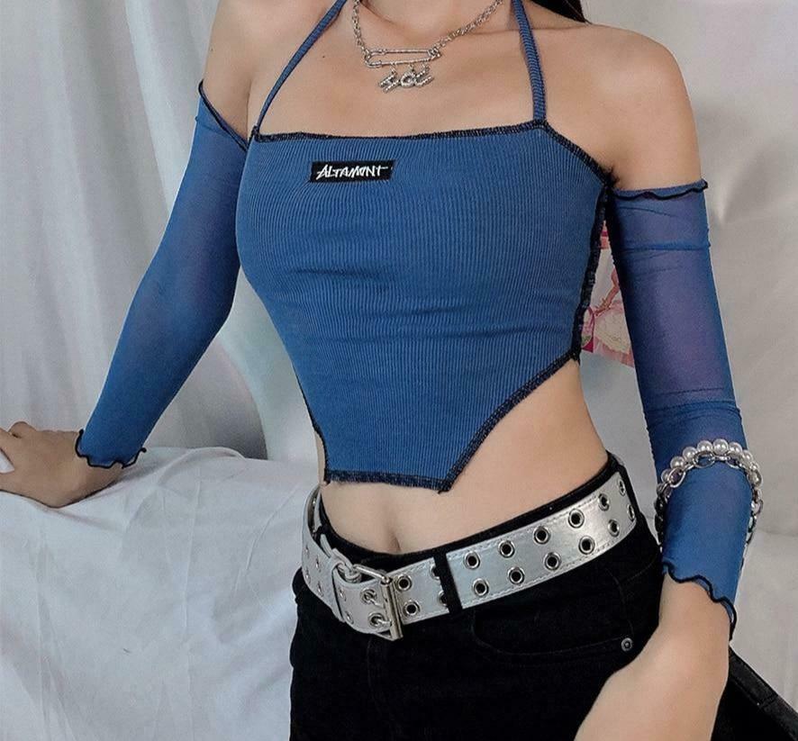 Y2K Aesthetic Blue Summer Crop Top - Coquette Style Grunge Fashion for Women Y2K Aesthetic Blue Summer Crop Top - Coquette Style Grunge Fashion for Women