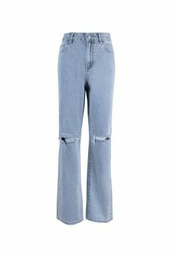 Y2K Aesthetic Blue Wash Straight Leg Ripped Jeans - Coquette Fashion with Grunge & Pastel Goth Vibes