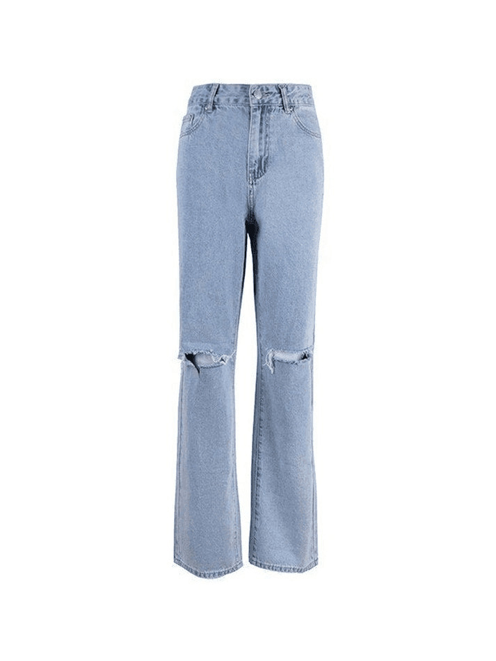 Y2K Aesthetic Blue Wash Straight Leg Ripped Jeans - Coquette Fashion with Grunge & Pastel Goth Vibes