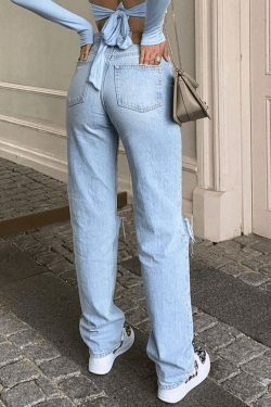 Y2K Aesthetic Blue Wash Straight Leg Ripped Jeans - Coquette Fashion with Grunge & Pastel Goth Vibes
