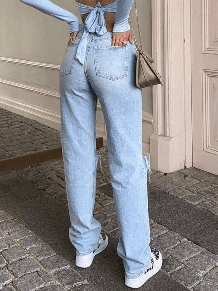 Y2K Aesthetic Blue Wash Straight Leg Ripped Jeans - Coquette Fashion with Grunge & Pastel Goth Vibes