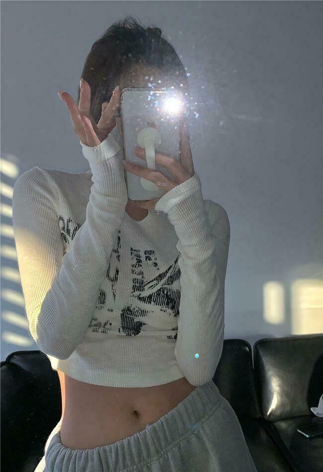 Y2K Aesthetic Blurry Long Sleeve Crop Top for Women - Coquette Style Grunge Fashion with Pastel Goth Y2K Aesthetic Blurry Long Sleeve Crop Top for Women - Coquette Style Grunge Fashion with Pastel Goth