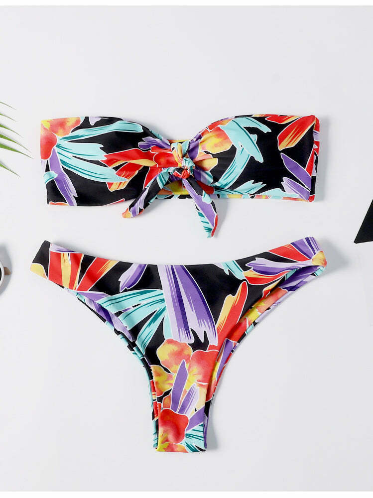 Y2K Aesthetic Bowknot Bandeau Bikini Set - Retro-inspired Swimwear for Trendy Women