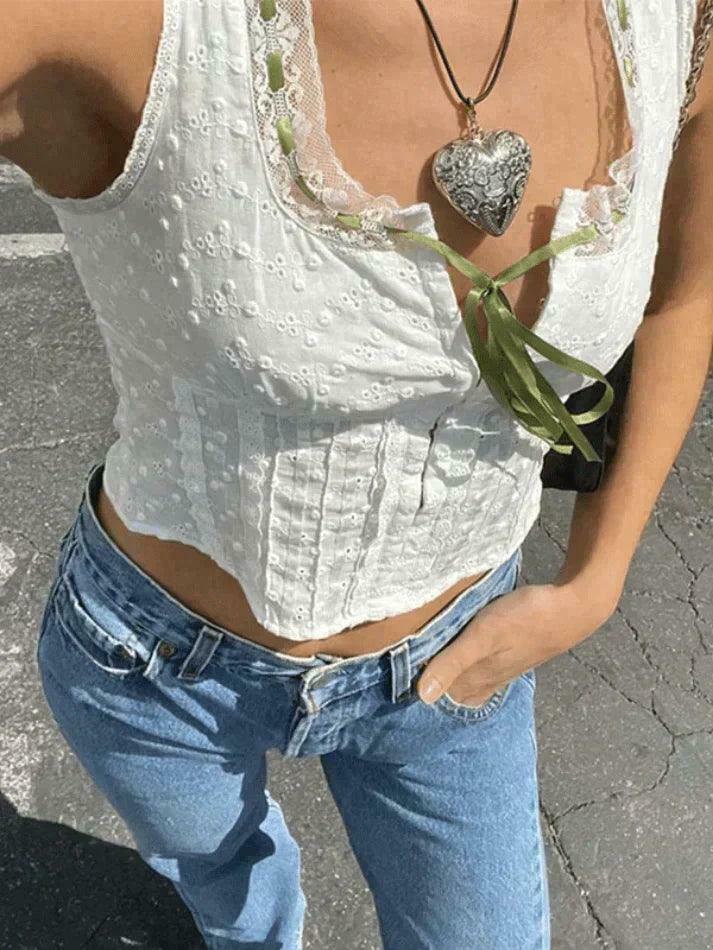 Y2K Aesthetic Broderie Lace White Cropped Tank Top for Women - Coquette & Grunge Style Y2K Aesthetic Broderie Lace White Cropped Tank Top for Women - Coquette & Grunge Style