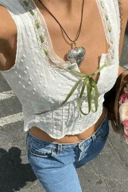 Y2K Aesthetic Broderie Lace White Cropped Tank Top for Women - Coquette & Grunge Style
