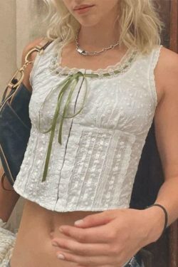 Y2K Aesthetic Broderie Lace White Cropped Tank Top for Women - Coquette & Grunge Style