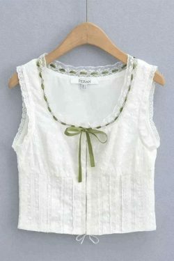 Y2K Aesthetic Broderie Lace White Cropped Tank Top for Women - Coquette & Grunge Style