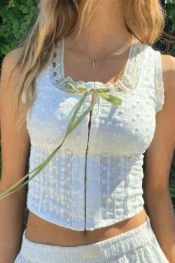 Y2K Aesthetic Broderie Lace White Cropped Tank Top for Women - Coquette & Grunge Style