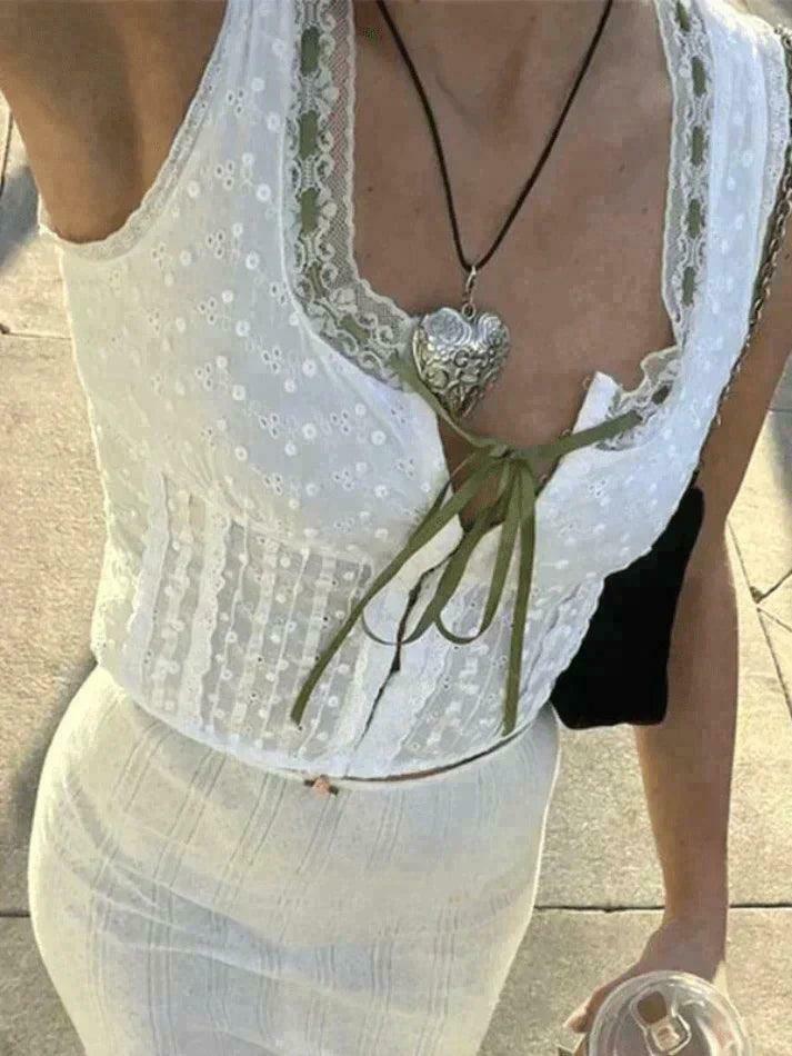 Y2K Aesthetic Broderie Lace White Cropped Tank Top for Women - Coquette & Grunge Style Y2K Aesthetic Broderie Lace White Cropped Tank Top for Women - Coquette & Grunge Style