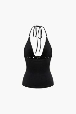 Y2K Aesthetic Buckle V-neck Halter Top - Coquette & Grunge Style Cute Pastel Goth Fashion