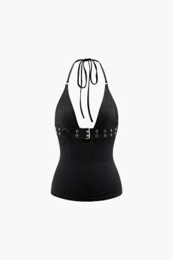 Y2K Aesthetic Buckle V-neck Halter Top - Coquette & Grunge Style Cute Pastel Goth Fashion