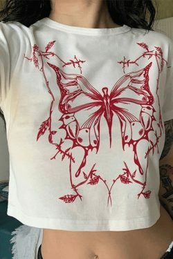 Y2K Aesthetic Butterfly Print White Crop Top for Women - Coquette Style Grunge Fashion