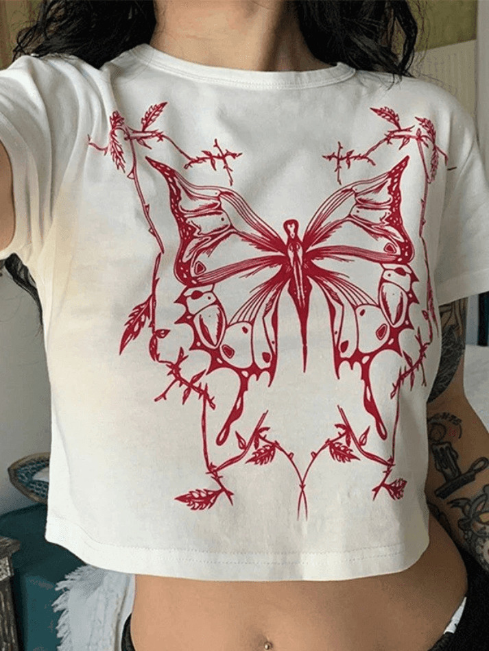 Y2K Aesthetic Butterfly Print White Crop Top for Women - Coquette Style Grunge Fashion