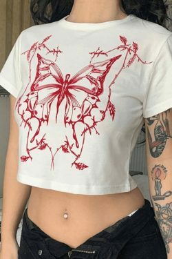 Y2K Aesthetic Butterfly Print White Crop Top for Women - Coquette Style Grunge Fashion