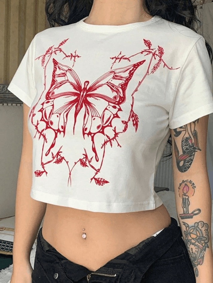Y2K Aesthetic Butterfly Print White Crop Top for Women - Coquette Style Grunge Fashion