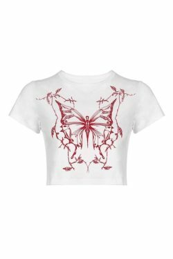 Y2K Aesthetic Butterfly Print White Crop Top for Women - Coquette Style Grunge Fashion