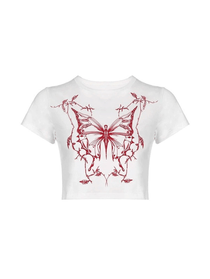 Y2K Aesthetic Butterfly Print White Crop Top for Women - Coquette Style Grunge Fashion